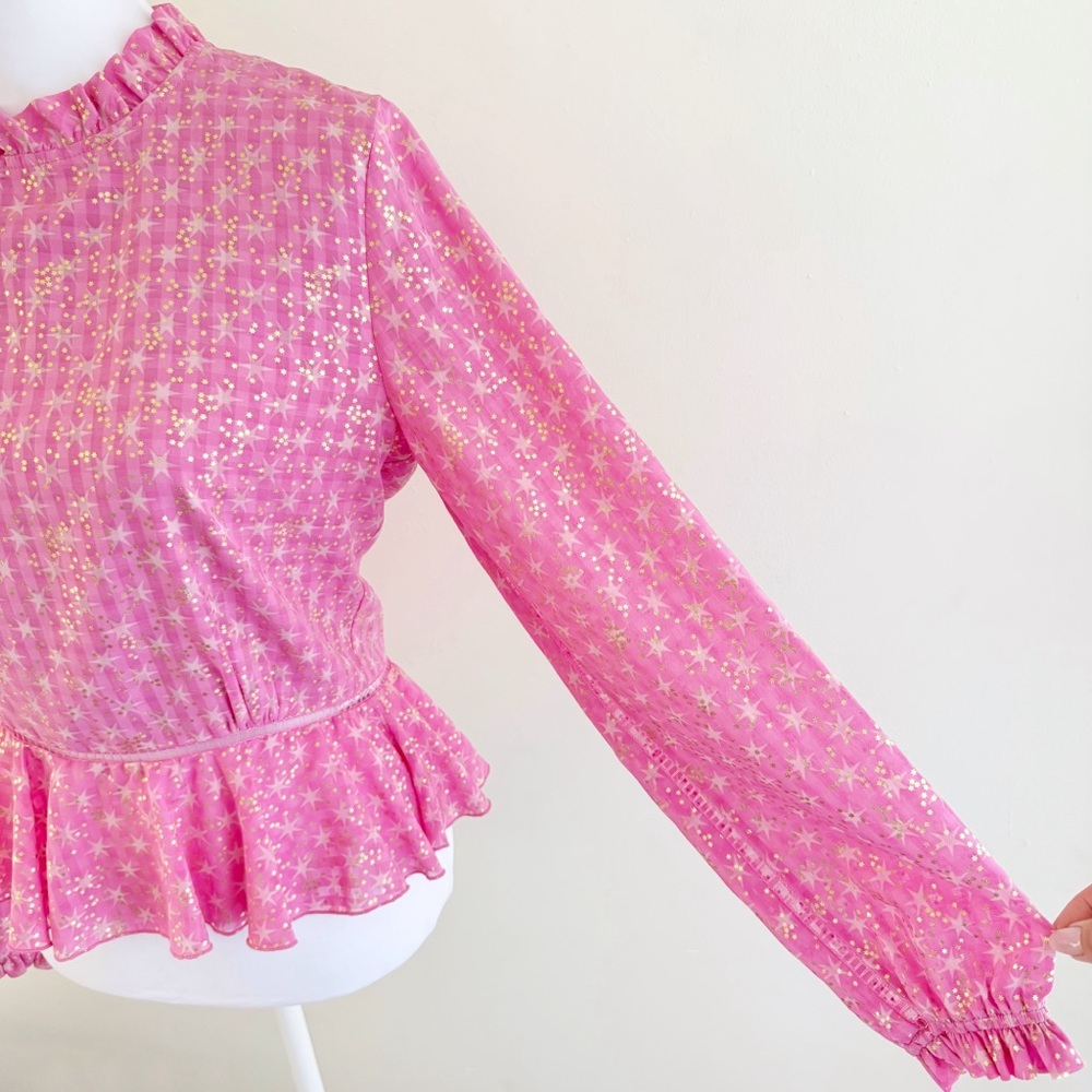 STINE GOYA PINK GOLD STAR PRINT SHIRLEY BACK SLIT OPENING RUFFLE PEPLUM TOP - Picture 4 of 13